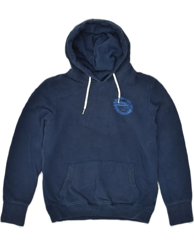 SUPERDRY Womens Graphic Hoodie Jumper UK 14 Large Navy Blue Cotton Hoodie with Strings Custom Fit Adjustable