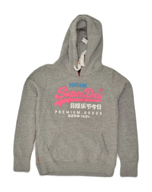 SUPERDRY Womens Graphic Hoodie Jumper UK 14 Medium Grey Cotton Hoodie with Hem Embroidery Detailed Premium