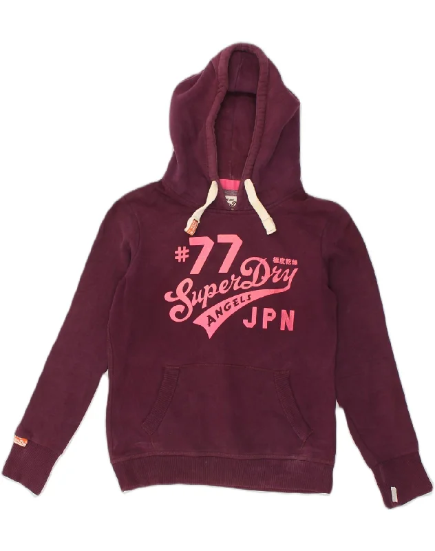 SUPERDRY Womens Graphic Hoodie Jumper UK 14 Medium Maroon Cotton Hoodie with Hem Contrast Bold Stylish