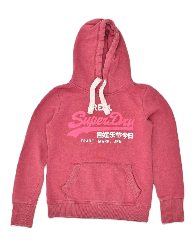 SUPERDRY Womens Graphic Hoodie Jumper UK 14 Medium Pink Cotton Hoodie with Emblem Brand Identity