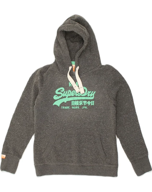 SUPERDRY Womens Graphic Hoodie Jumper UK 16 Large Grey Flecked Cotton Hoodie with Lining Warm Insulated