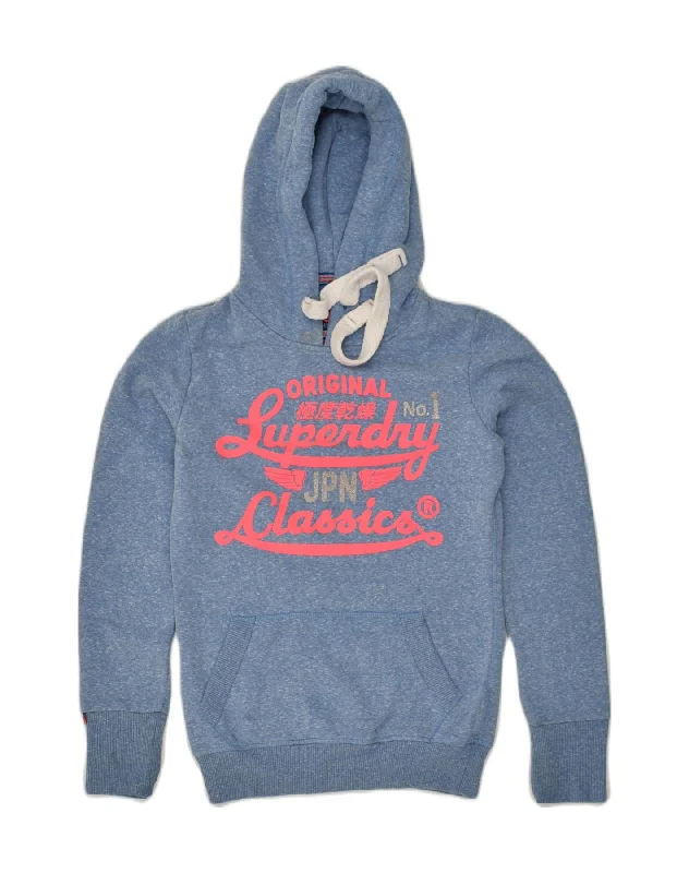 SUPERDRY Womens Graphic Hoodie Jumper UK 2 2XS Blue Polyester Hoodie with Hem Drawcord Adjustable Customizable