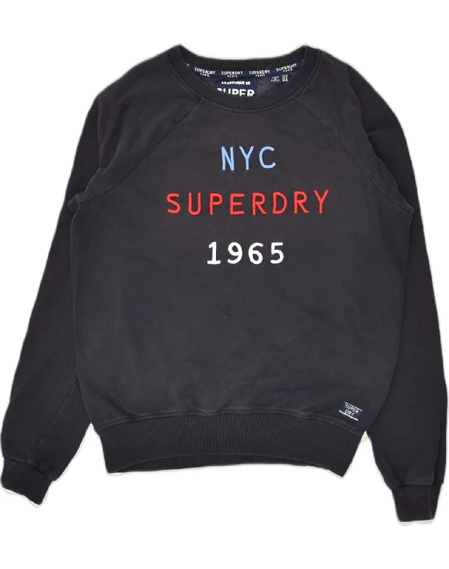 SUPERDRY Womens Graphic Sweatshirt Jumper UK 12 Medium Navy Blue Graphic Hoodie Design Print