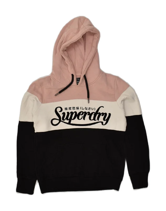 SUPERDRY Womens Heritage Graphic Hoodie Jumper UK 10 Small Black Hoodie with Typography Text Message