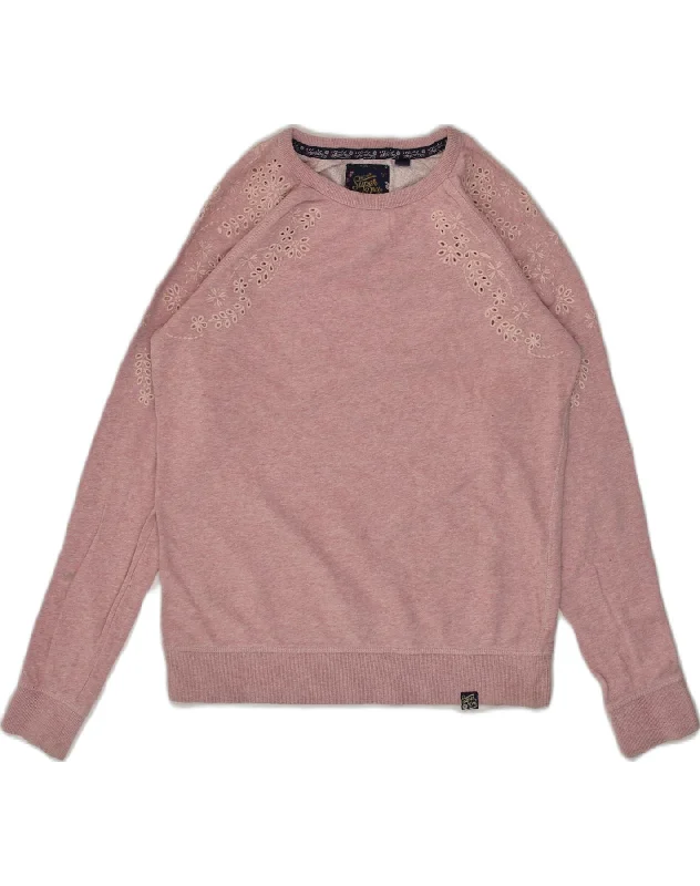 SUPERDRY Womens Sweatshirt Jumper UK 10 Small  Pink Hoodie with Hem Raw Edge Edgy Unfinished