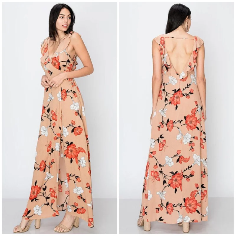 Taupe Deep V Faux Wrap Floral Cherry Blossom Open Back Maxi Dress Elegant Lace-Up Maxi Dress Taupe Deep V Faux Wrap Floral Cherry Blossom Open Back Maxi Dress Elegant Lace-Up Maxi Dress