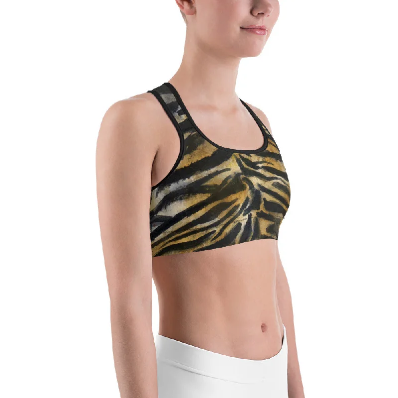 Tiger Stripe Sports Bra, Brown Animal Print Women's Yoga Bra-Made in USA/EU (US Size: XS-2XL) Push-Up Bralette Set