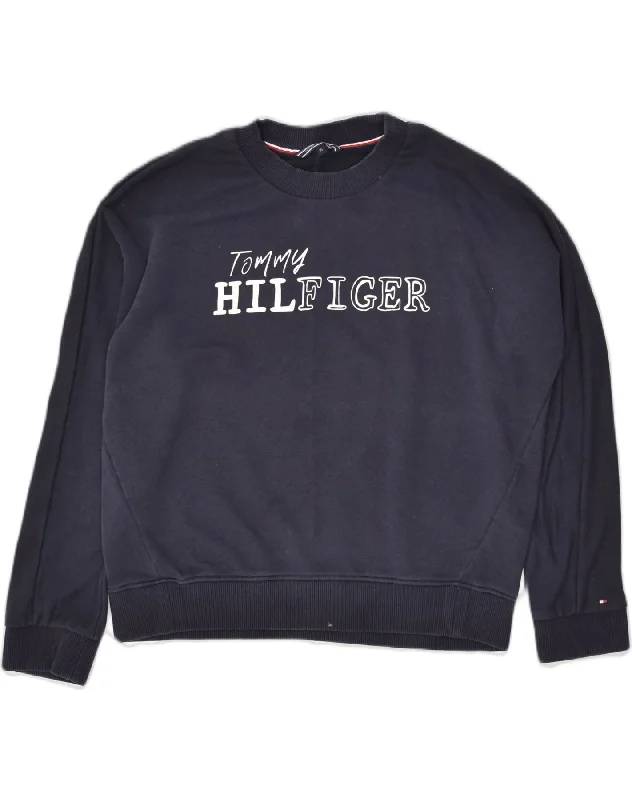 TOMMY HILFIGER Womens Oversized Graphic Sweatshirt Jumper UK 6 XS Blue Hoodie with Metallic Shiny Futuristic