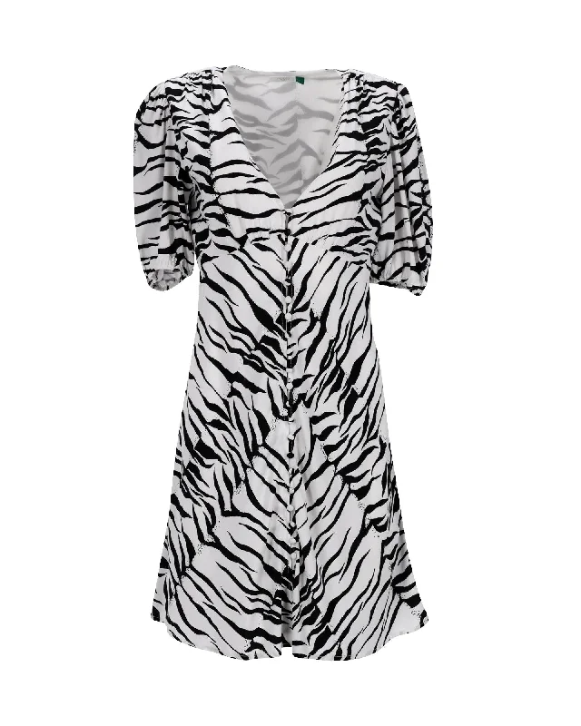 Zebra Print Mini Dress with Puffed Sleeves in Crepe de Chine Fabric Comfortable Zip-Up Mini Dress