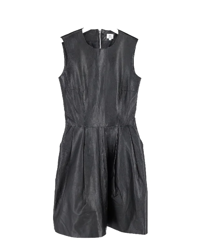 Premium Black Leather Sleeveless Mini Dress with Rear Zip Closure and Side Pockets Fashionable Off-Shoulder Mini Dress