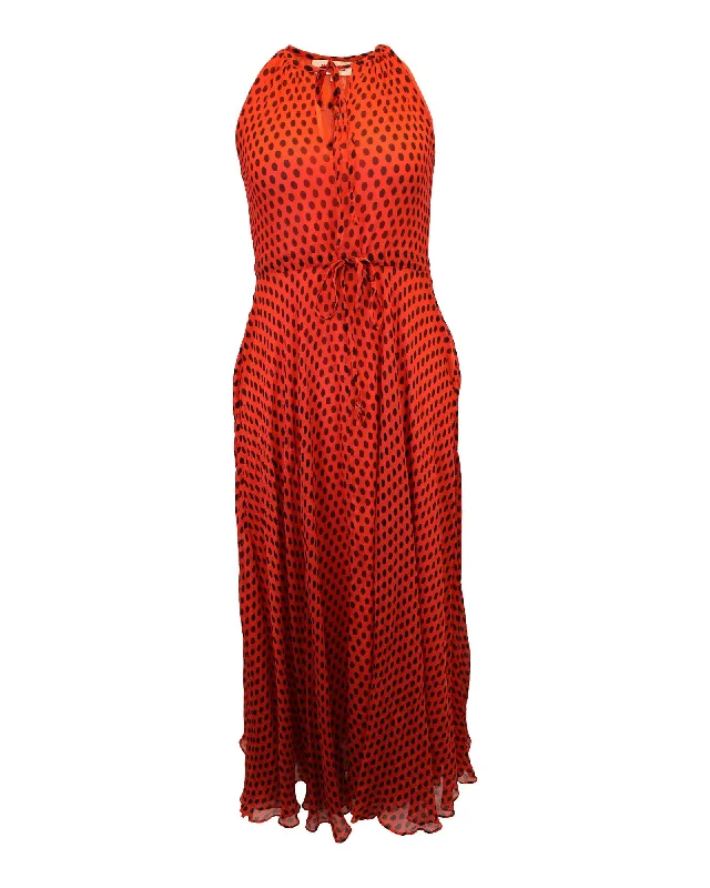Crinkled Silk Polka-Dot Maxi Dress with Halterneck and Waist Tie Detail Elegant Sleeveless Maxi Dress Crinkled Silk Polka-Dot Maxi Dress with Halterneck and Waist Tie Detail Elegant Sleeveless Maxi Dress