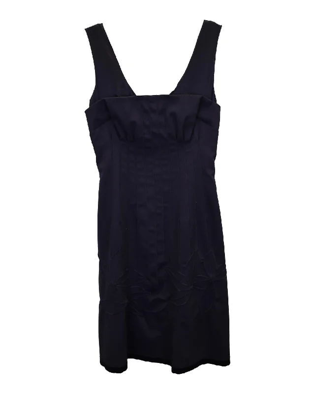 Sophisticated Navy Blue Wool Mini Dress with Pleated Details Fashionable Lace-Trim Mini Dress