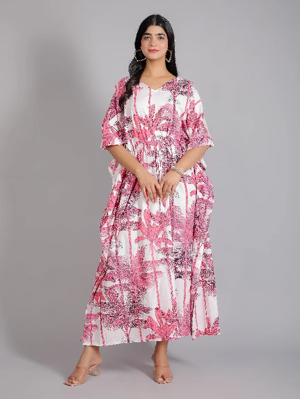Tropical Print on Pink Cotton Kaftan Maxi Dress Comfortable Plunging Neckline Maxi Dress Tropical Print on Pink Cotton Kaftan Maxi Dress Comfortable Plunging Neckline Maxi Dress