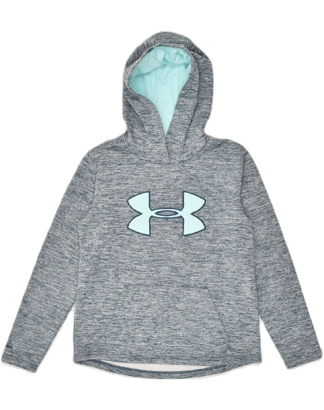 UNDER ARMOUR Womens Graphic Hoodie Jumper UK 6 XS Grey Polyester Hoodie with Frayed Bohemian Relaxed