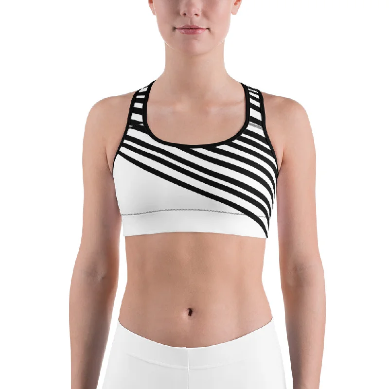 Black Striped Women's Sports Bra, White Black Diagonal Stripe Fitness Bra-Made in USA/EU Chic Lace Underwear