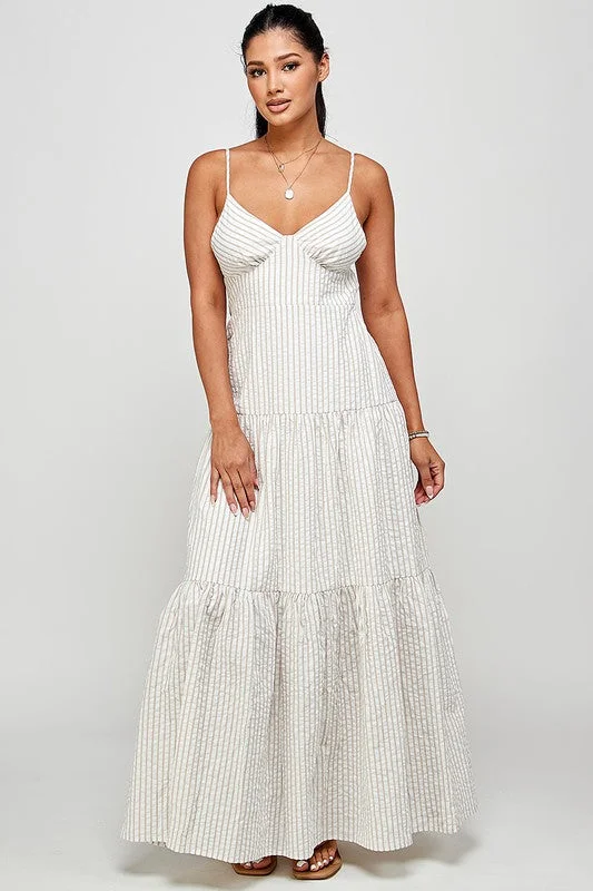 White & Beige Stripe Cross Backless Strap Ruffle Maxi Dress Comfortable Fit-and-Flare Maxi Dress White & Beige Stripe Cross Backless Strap Ruffle Maxi Dress Comfortable Fit-and-Flare Maxi Dress