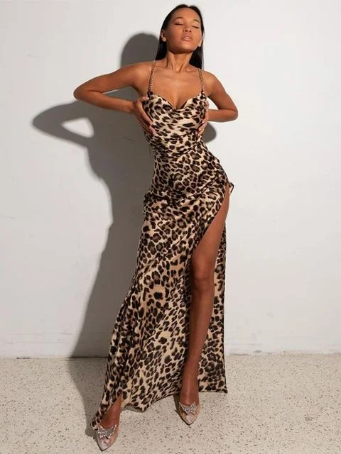 Women Chain Strap Side Slit Leopard Print Maxi Dress Fashionable Chiffon Tiered Maxi Dress Women Chain Strap Side Slit Leopard Print Maxi Dress Fashionable Chiffon Tiered Maxi Dress