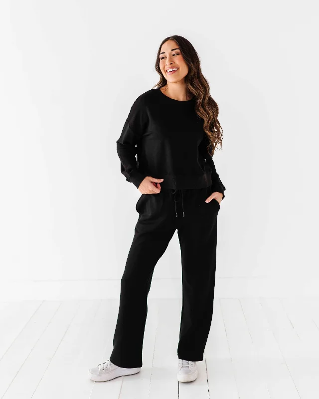 Women's Cropped Sweatshirt & Wide Leg Jogger Pants Set - Black Hoodie with Applique Textured Unique