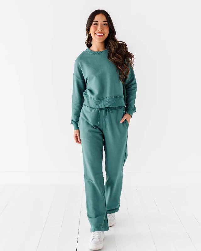 Women's Cropped Sweatshirt & Wide Leg Jogger Pants Set - Teal Hoodie with Thumb Holes Functional Cozy