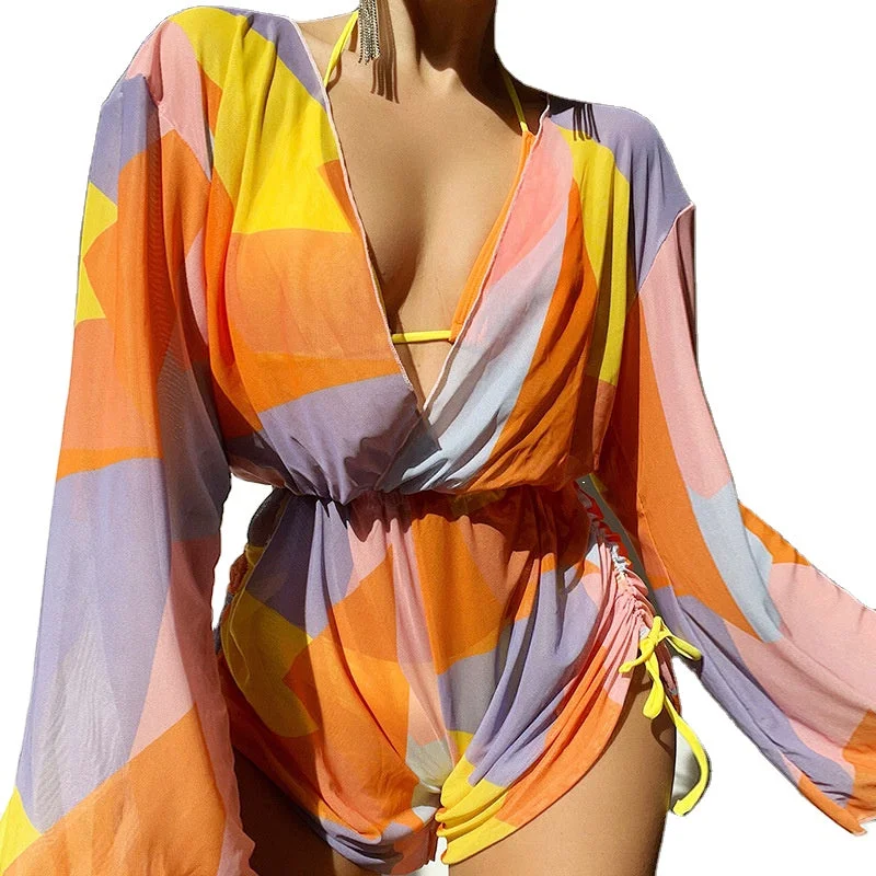 Custom Brazilian Bikini 4 Piece Swimsuit Print Swimwear Long Sleeve Bathing Suits with Mesh Drawstring Cover Up Beach Wear Chic Bikini Set Custom Brazilian Bikini 4 Piece Swimsuit Print Swimwear Long Sleeve Bathing Suits with Mesh Drawstring Cover Up Beach Wear Chic Bikini Set