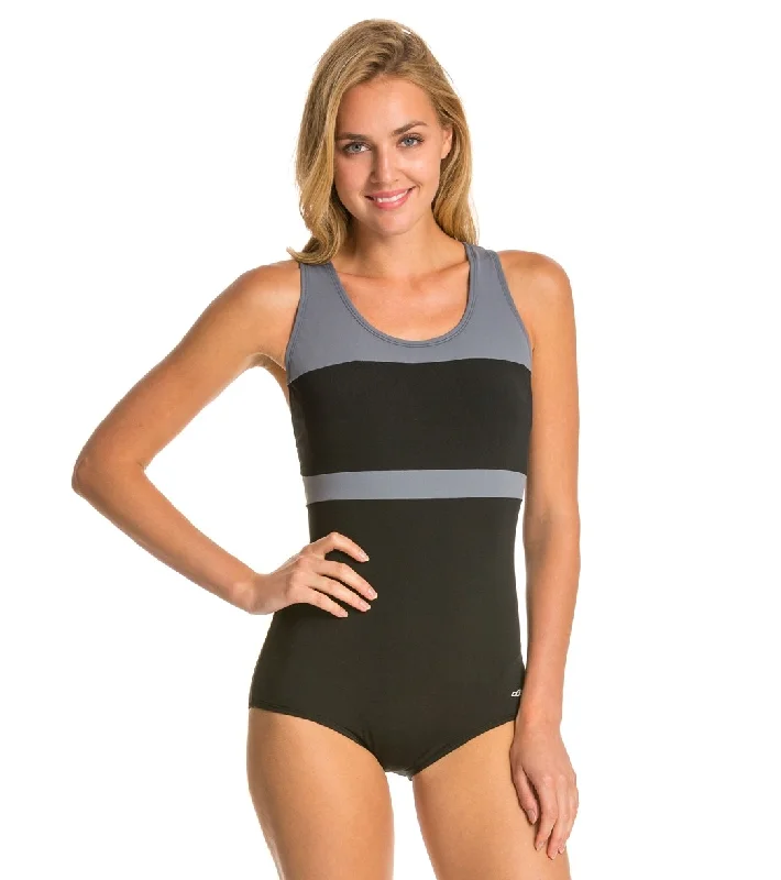 Dolfin Conservative Color Block Lap Suit Swimsuit Black/Grey High-Waisted Swim Bottoms Dolfin Conservative Color Block Lap Suit Swimsuit Black/Grey High-Waisted Swim Bottoms