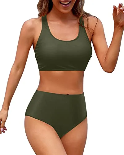 Flattering Women's High Waisted Two Piece Bikini Sports Swimsuit-Army Green Monokini Swimsuit Design Flattering Women's High Waisted Two Piece Bikini Sports Swimsuit-Army Green Monokini Swimsuit Design