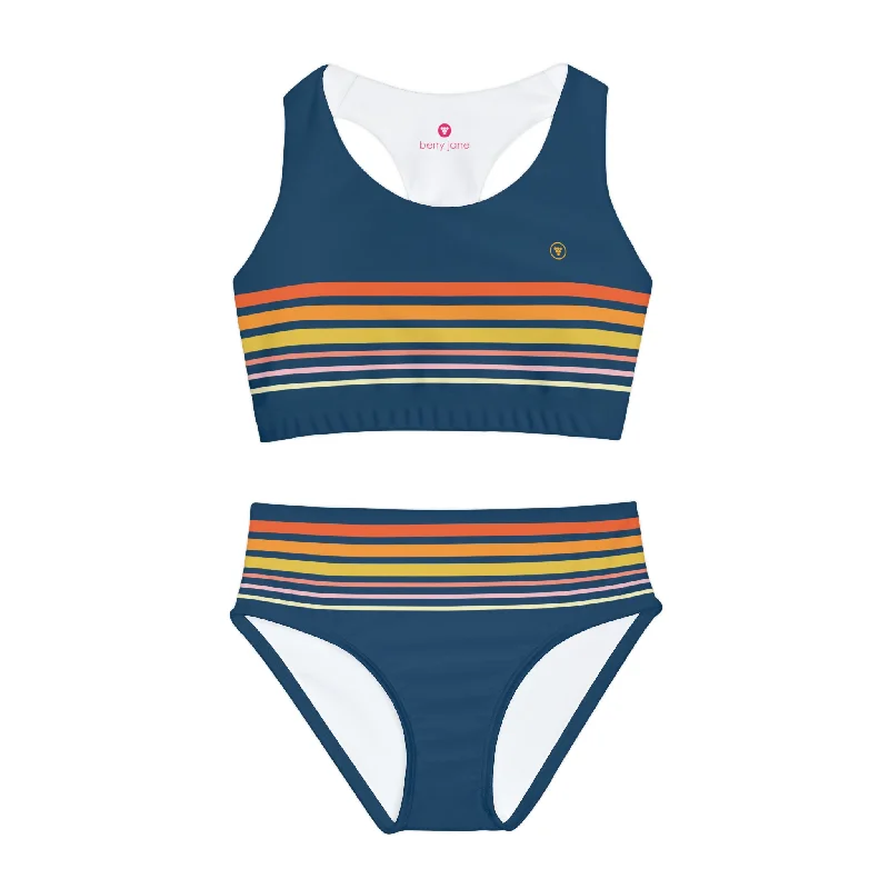 Girls Retro Two Piece Swimsuit 70s Vintage Stripes Strap Bikini Set