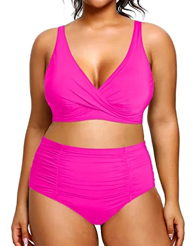 Ruched 2 Piece Plus Size Bikini High Waisted Swimsuits Tummy Control Bathing Suits-Neon Pink Chic Bikini Set Ruched 2 Piece Plus Size Bikini High Waisted Swimsuits Tummy Control Bathing Suits-Neon Pink Chic Bikini Set