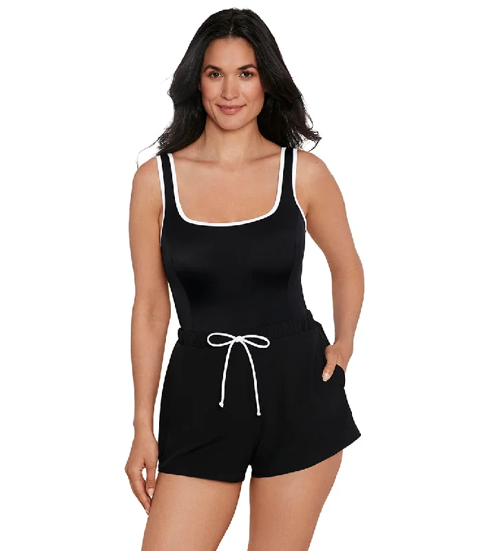 Shape Solver SPORT Women's Contrast Binding Sport Swim Romper Black/White Chic Swimsuit Cover-Up Shape Solver SPORT Women's Contrast Binding Sport Swim Romper Black/White Chic Swimsuit Cover-Up