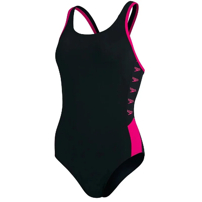 Speedo Boom Logo Splice Muscleback Swimsuit - Womens - Black/Pink Two-Piece Beachwear Speedo Boom Logo Splice Muscleback Swimsuit - Womens - Black/Pink Two-Piece Beachwear