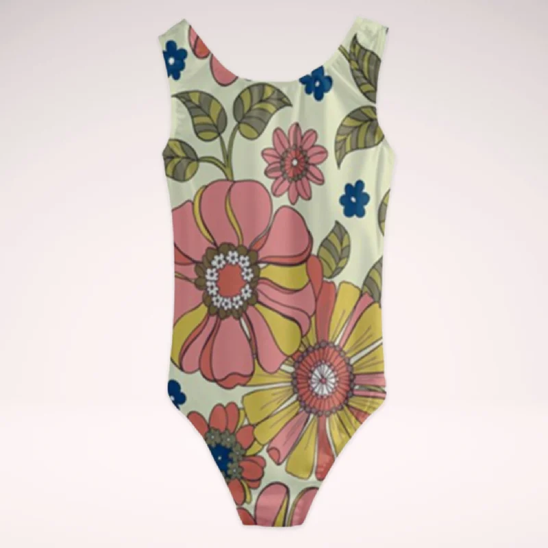 Tween Girls 1-Pc. Cut-Out Swimsuit, Retro 70s Vintage Flowers Sleek Racerback Swimsuit Tween Girls 1-Pc. Cut-Out Swimsuit, Retro 70s Vintage Flowers Sleek Racerback Swimsuit