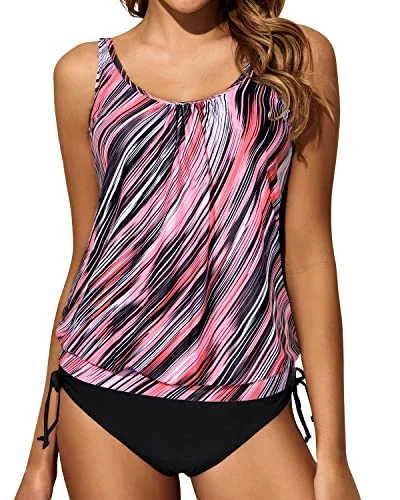Blouson Tummy Control Two Piece Swimsuits For Women-Pink Stripe Minimalist One-Piece Blouson Tummy Control Two Piece Swimsuits For Women-Pink Stripe Minimalist One-Piece