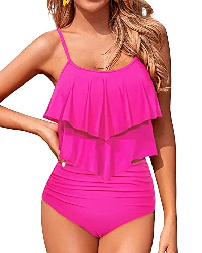 Flowy Two Piece Tankini Swimsuits With High Waisted Bottoms For Women-Neon Pink Classic One-Piece Flowy Two Piece Tankini Swimsuits With High Waisted Bottoms For Women-Neon Pink Classic One-Piece