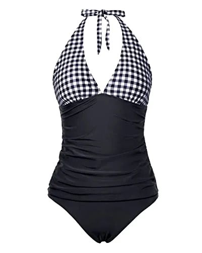 Women's Adjustable Self Tie Shoulder Strap Tankini Bathing Suit-Black Plaid Stylish Swimsuit Set Women's Adjustable Self Tie Shoulder Strap Tankini Bathing Suit-Black Plaid Stylish Swimsuit Set
