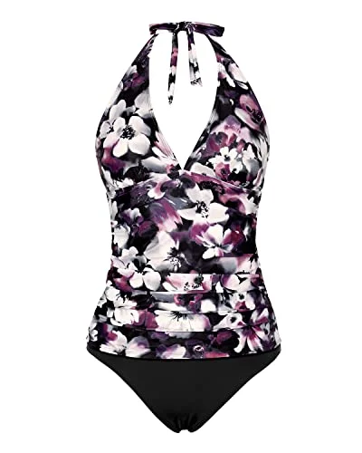Open Back Ruched Tankini Bathing Suit For Women Tummy Control Swimsuit-Purple Floral Lace-Detail Bikini Set Open Back Ruched Tankini Bathing Suit For Women Tummy Control Swimsuit-Purple Floral Lace-Detail Bikini Set