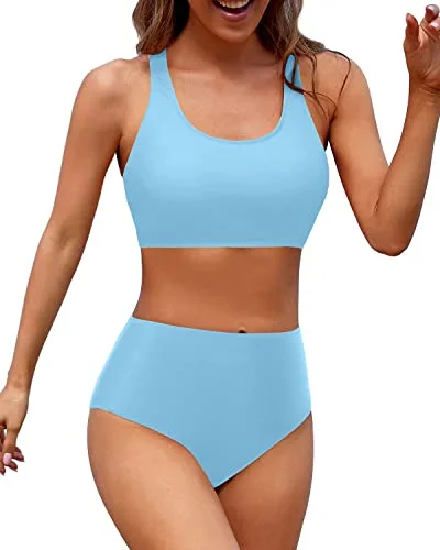 High Cut Legs Women High Waisted Two Piece Bikini Sports Crop Top Swimsuit-Blue Lace Back Bikini High Cut Legs Women High Waisted Two Piece Bikini Sports Crop Top Swimsuit-Blue Lace Back Bikini