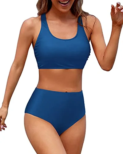 Sporty Criss Cross Back Two Piece Bikini Sports Crop Top Swimsuit-Blue Chic Swimsuit Cover-Up Sporty Criss Cross Back Two Piece Bikini Sports Crop Top Swimsuit-Blue Chic Swimsuit Cover-Up