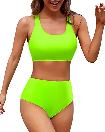 Criss Cross Back Women's High Waisted Two Piece Bikini Sports Crop Top Swimsuit-Neon Green Elegant Ruffled Bikini Criss Cross Back Women's High Waisted Two Piece Bikini Sports Crop Top Swimsuit-Neon Green Elegant Ruffled Bikini