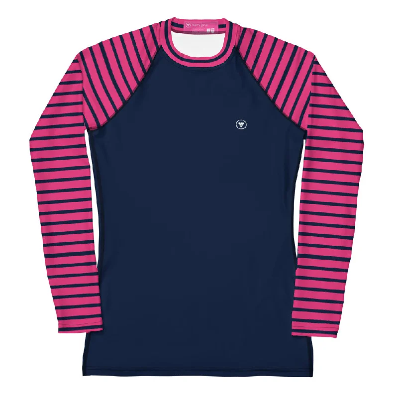 Women's Long Sleeve Rash Guard UPF 50 Sun Protection Modest Swim Tee, Pink Stripe V-Neck Swim Dress Women's Long Sleeve Rash Guard UPF 50 Sun Protection Modest Swim Tee, Pink Stripe V-Neck Swim Dress