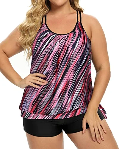 Plus Size Two Piece Tankini Swimsuit For Tummy Control-Pink Stripe Soft Beachwear Set Plus Size Two Piece Tankini Swimsuit For Tummy Control-Pink Stripe Soft Beachwear Set