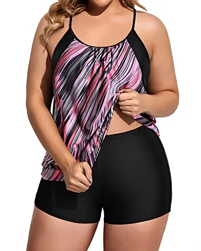 Two Piece Push Up Tankini Top With Boy Shorts For Women Plus Size-Black And Pink Stripes Crisscross Back Swimsuit Two Piece Push Up Tankini Top With Boy Shorts For Women Plus Size-Black And Pink Stripes Crisscross Back Swimsuit