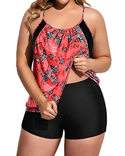 Deep Cut Two Piece Tankini Swimsuits With Boyshorts For Plus Size Women-Pink Leaf And Black Soft Beachwear Set Deep Cut Two Piece Tankini Swimsuits With Boyshorts For Plus Size Women-Pink Leaf And Black Soft Beachwear Set