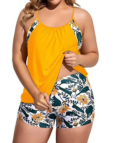 Women's Push Up Tankini Top With Boy Shorts For Plus Size Bathing Suits-Yellow Floral Color-Block Bikini Women's Push Up Tankini Top With Boy Shorts For Plus Size Bathing Suits-Yellow Floral Color-Block Bikini