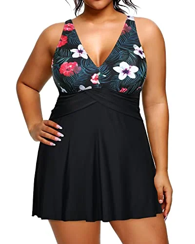 Women's Full Power Mesh Lining Plus Size One Piece Swimsuit-Black Floral Comfortable Swim Dress Women's Full Power Mesh Lining Plus Size One Piece Swimsuit-Black Floral Comfortable Swim Dress
