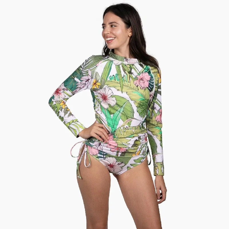 Women's Ruched Sides Long Sleeve Swimsuit Set, UPF 50 - Vintage Tropical Floral Plus-Size Bikini Set Women's Ruched Sides Long Sleeve Swimsuit Set, UPF 50 - Vintage Tropical Floral Plus-Size Bikini Set