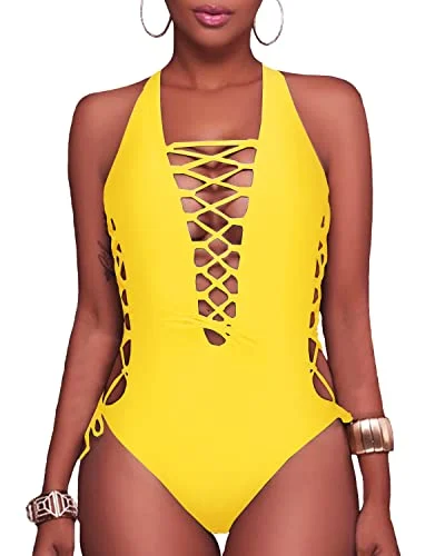 Sexy Strappy One Piece Swimsuit For Curvy Women-Neon Yellow Adjustable Strap Swimsuit Sexy Strappy One Piece Swimsuit For Curvy Women-Neon Yellow Adjustable Strap Swimsuit