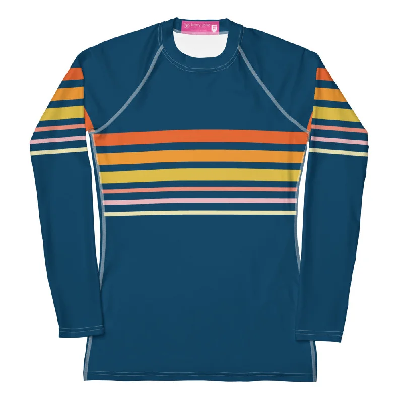 Women's Swim Shirt Rash Guard, UPF 50+ 70s Vintage Stripe, Blue Luxury Swimsuit Style Women's Swim Shirt Rash Guard, UPF 50+ 70s Vintage Stripe, Blue Luxury Swimsuit Style