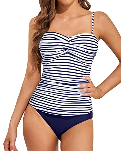 Flattering Tummy Control Bandeau Tankini Bathing Suits-Blue White Stripe Push-Up Bikini Bottoms Flattering Tummy Control Bandeau Tankini Bathing Suits-Blue White Stripe Push-Up Bikini Bottoms