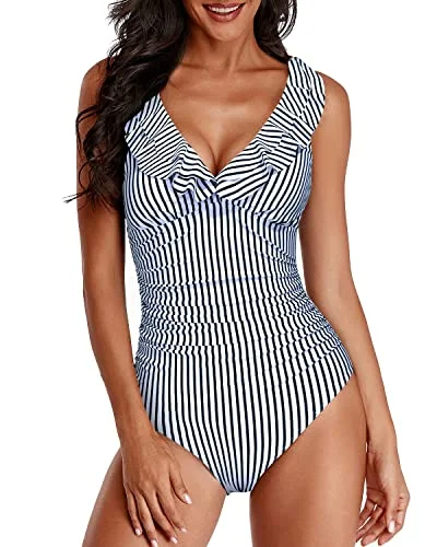 Tummy Control One Piece Swimsuits With Ruched Pattern-Black And White Stripe Plunge Neckline Swimsuit Tummy Control One Piece Swimsuits With Ruched Pattern-Black And White Stripe Plunge Neckline Swimsuit