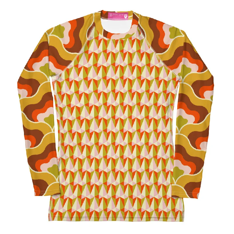 Women's UPF 50+ Rash Guard, 60s 70s Mod Print - Sun Protection Swimwear Beachy Ruffle Bikini Women's UPF 50+ Rash Guard, 60s 70s Mod Print - Sun Protection Swimwear Beachy Ruffle Bikini